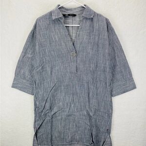 Zara women’s tunic linen blend button blue stripe oversized 3/4 sleeve sz large
